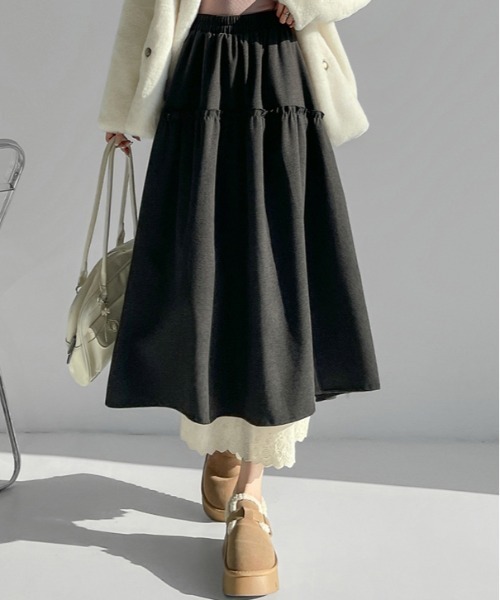 ＆soiree（アンドソワレ） スカート リボンギャザーレースフレア