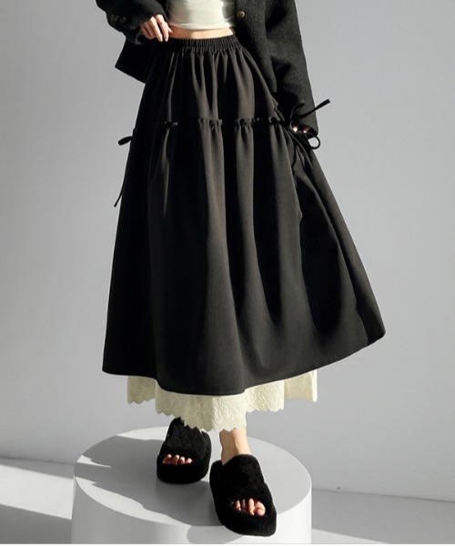 ＆soiree（アンドソワレ） スカート リボンギャザーレースフレア