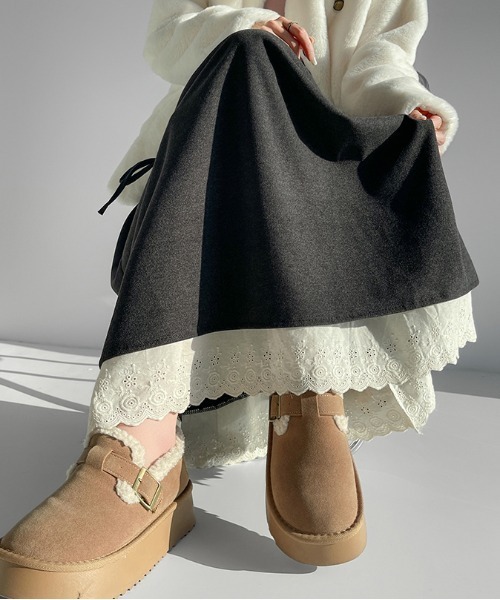 スカート リボンギャザーレースフレアスカート