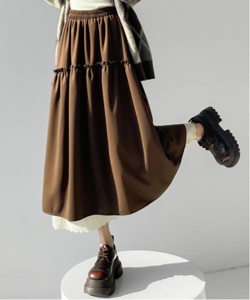 ＆soiree（アンドソワレ） スカート リボンギャザーレースフレア