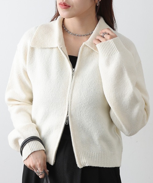 希少✨美品　ルネ襟付きジップカーディガン　ビジューパールラインストーン　ホワイト 希少✨美品 ルネ襟付きジップカーディガン ビジューパールライン