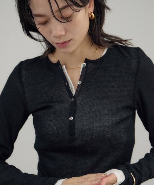 ウールフライスヘンリーネックプルオーバー　ブルー SALON adam et rope'（サロン アダム エ ロペ） tシャツ 鹿の子