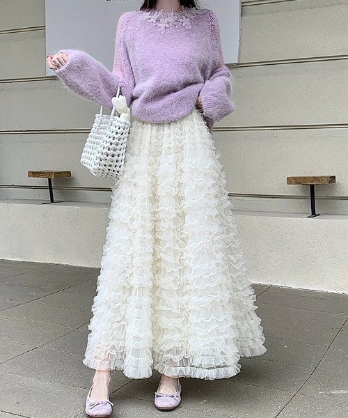 Diosfront スカート ボリュームフリルチュールロングスカート