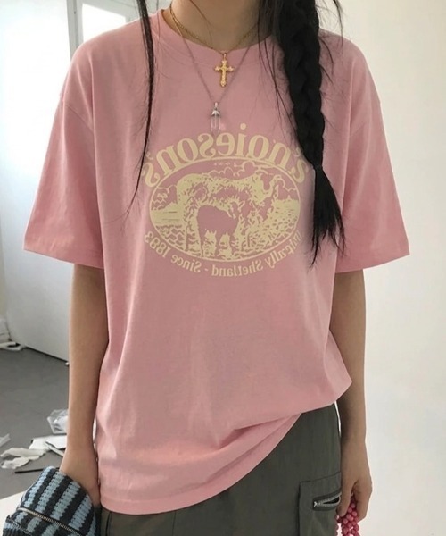 tシャツ 半袖 カレッジロゴアニマルプリントオーバーサイズTシャツ