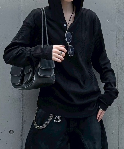 ヘンリーネックフード付きロングスリーブTシャツ ヘンリーネック tシャツ 「nmtc+」hooded henley neck long sleeve