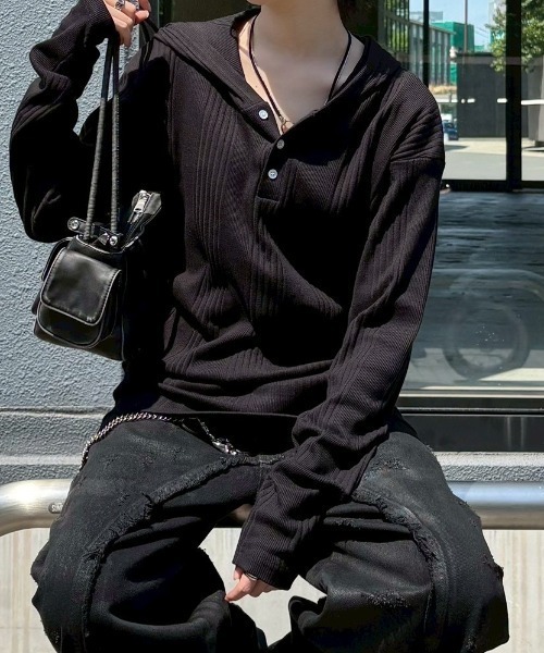 ヘンリーネック tシャツ 「nmtc+」hooded henley neck long sleeve