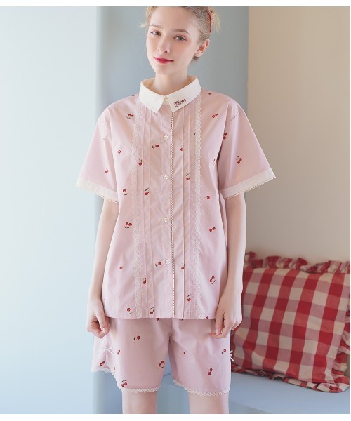 コットン混レースシャツパジャマ（ワンサイズ　チェリー） PEACH JOHN（ピーチジョン） パジャマ ルームウェア コットン混レース