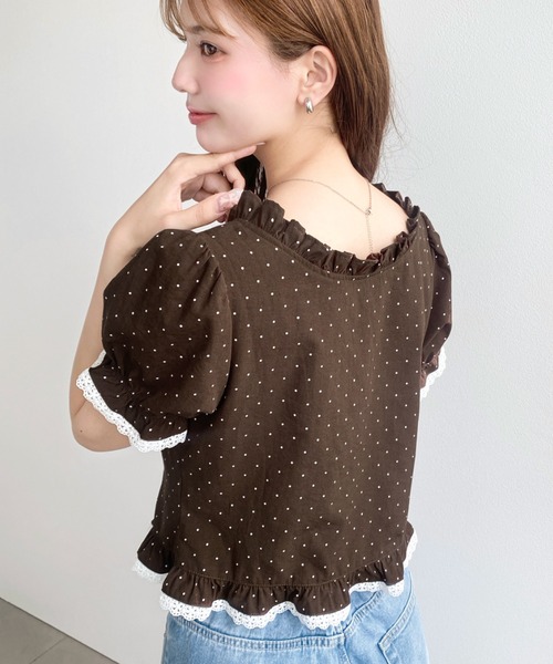 TO BE CHIC★新品★フリルドット半袖ブラウス 42 キャミソール付き moment+ ブラウス シャツ スラブドットコルセット半袖ブラウス