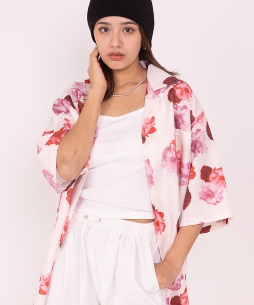 【美品】アルベロベロ（日本製）ぶたさん×花柄チェック異素材切り替え半袖Tシャツ青 WYZ アロハシャツ シャツ 半袖 オーバーサイズ総柄開襟アロハシャツ/花