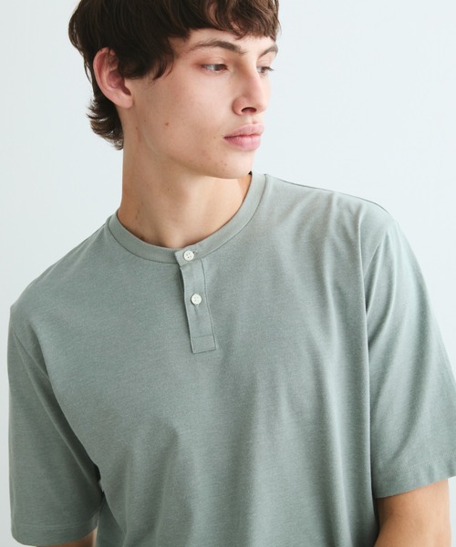 three dots tシャツ パウダリーコットン ヘンリーネック メンズ