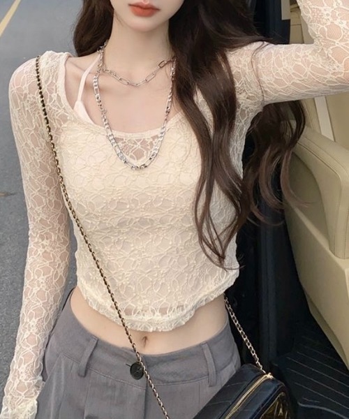 新品★レースショート丈トップス LADY LIKE（レディライク） tシャツ ストレッチレースショート丈シアー