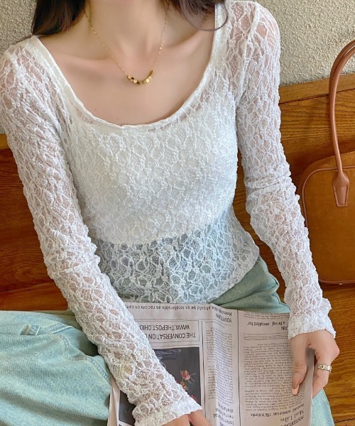 LADY LIKE tシャツ ストレッチレースショート丈シアートップス