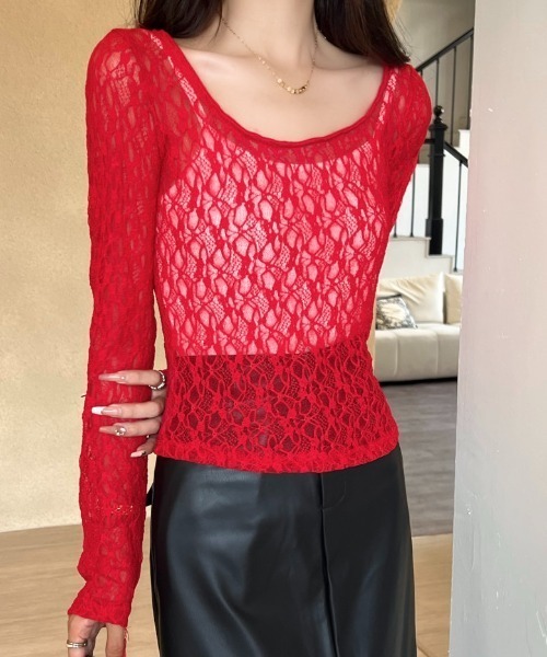 LADY LIKE tシャツ ストレッチレースショート丈シアートップス