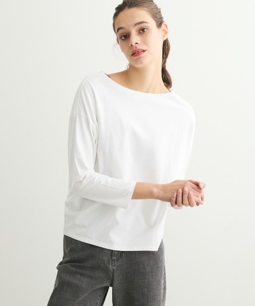 tシャツ パウダリーコットン 長袖ボートネックTシャツ レディース