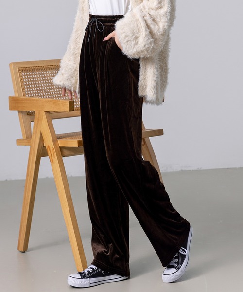 DAY CLOSET パンツ レディース ベロア調スリークイージーワイドパンツ