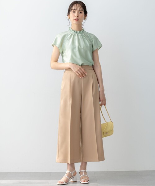 新品 組曲 クミキョク ミモレ丈 ワイドパンツ 白 大人綺麗 ストレッチ