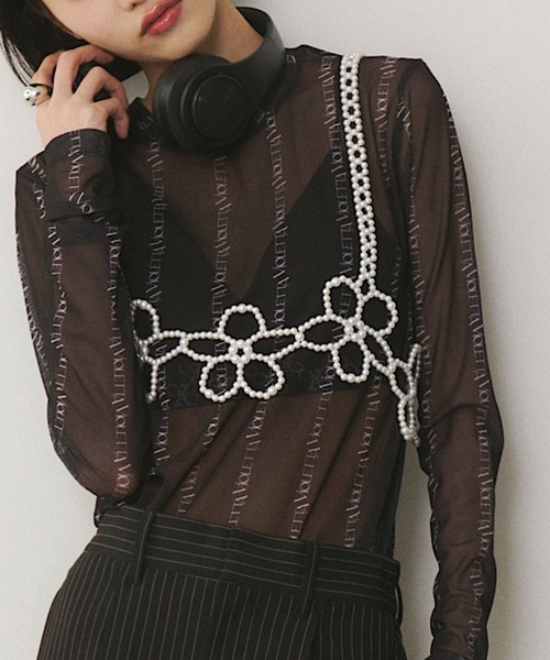 VIOLETTA tシャツ ロゴストライプ柄チュールシアートップス