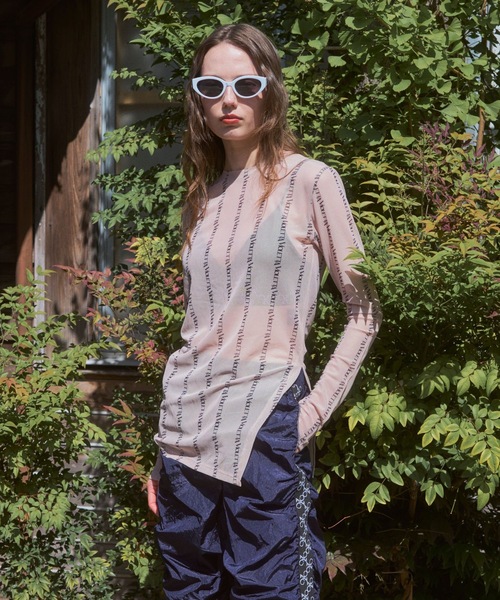 VIOLETTA tシャツ ロゴストライプ柄チュールシアートップス