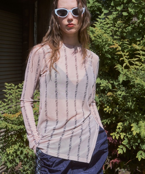 VIOLETTA tシャツ ロゴストライプ柄チュールシアートップス