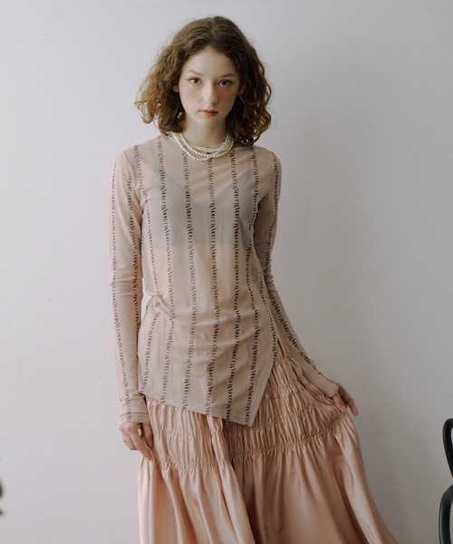 VIOLETTA（ヴィオレッタ） tシャツ ロゴストライプ柄チュールシアー