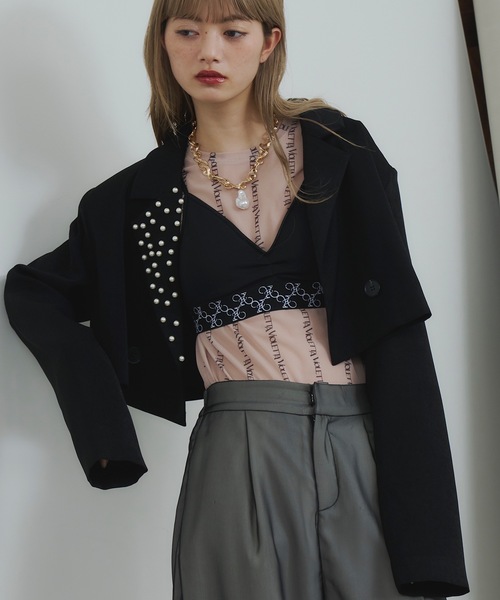 tシャツ ロゴストライプ柄チュールシアートップス レディース ロゴストライプ柄チュールシアートップス（Tシャツ/カットソー