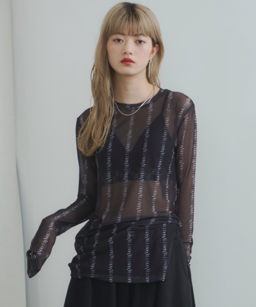 VIOLETTA tシャツ ロゴストライプ柄チュールシアートップス