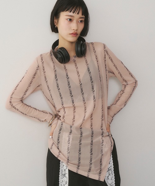 ブラウス シャツ フロントストライプモチーフチュールトップス レディース VIOLETTA tシャツ ロゴストライプ柄チュールシアートップス