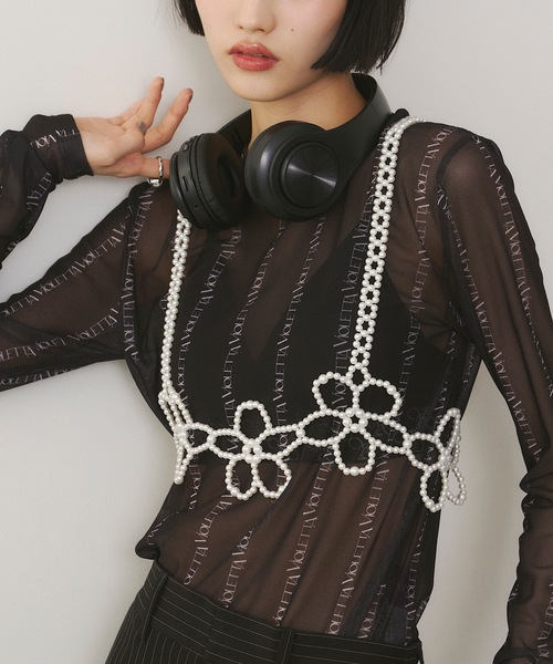 VIOLETTA tシャツ ロゴストライプ柄チュールシアートップス