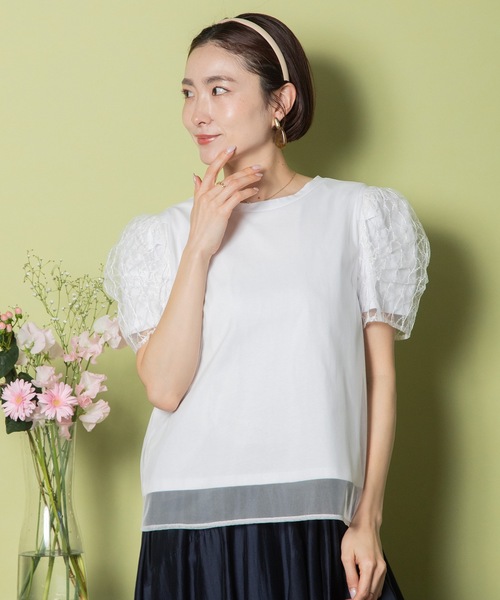 tシャツ パフチュール袖 ドッキングカットソー レディース