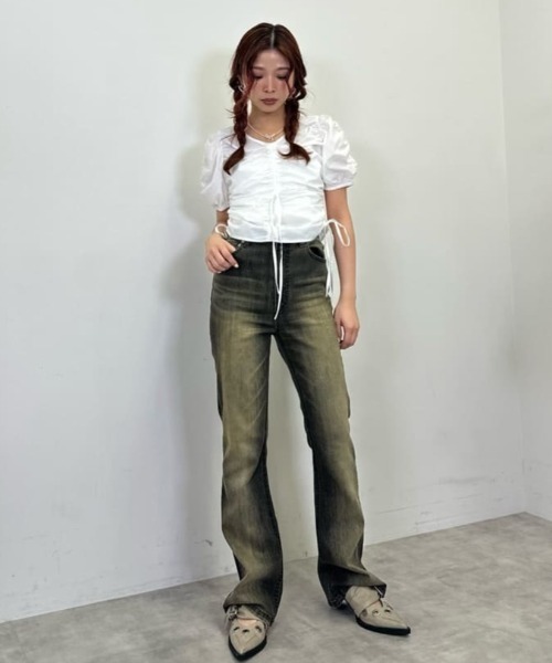 ベスト ジレ Gather sleeve tops　ギャザースリーブトップス レディース CLANE - 【25SS】 SQUARE SLEEVE GATHER KNIT TOPS - GREEN