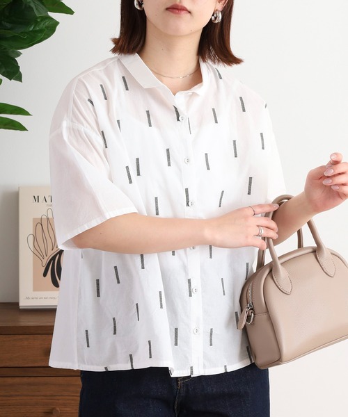 ブラウス シャツ sosotto スティック刺繍 ちび衿5分袖ブラウス レディース