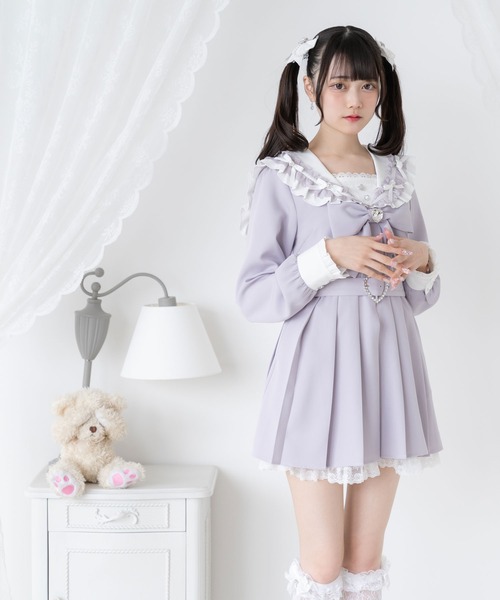 セーラービジューフリルワンピース　Mミニ丈　ブラック・ピンク 楽天市場】【SALE】 キラキラビジューレース重ねフリル