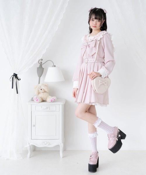 セーラービジューフリルワンピース　Mミニ丈　ブラック・ピンク DearMyLove ワンピース セーラービジューレースフリルワンピース