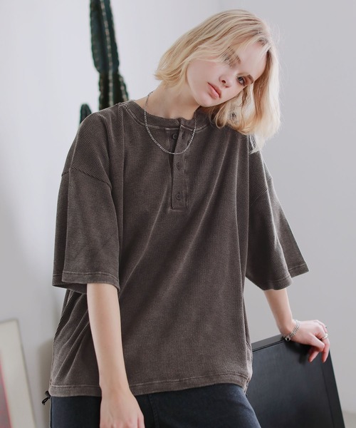 美品！RRL ヴィンテージ加工 鹿の子 ヘンリーネックシャツ ROCHEM（ローシェン） ヘンリーネック tシャツ サーマルヘンリーネック