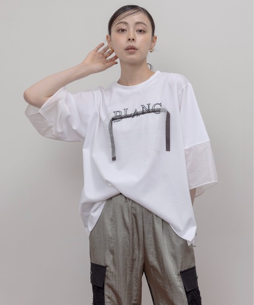 tシャツ テープロゴ エンブロ切替トップス レディース