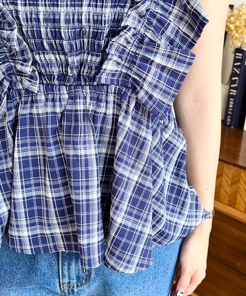 moment+ ブラウス シャツ フロントシャーリングペプラムフリルチェック