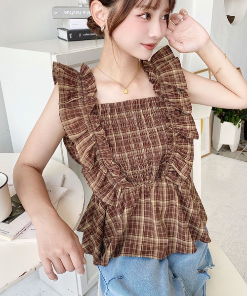 moment+ ブラウス シャツ フロントシャーリングペプラムフリルチェック