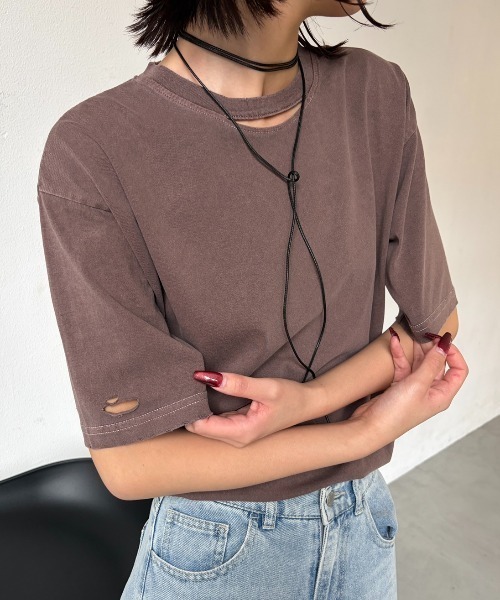AIC. tシャツ 半袖 ピグメント加工カットアウトダメージTシャツ