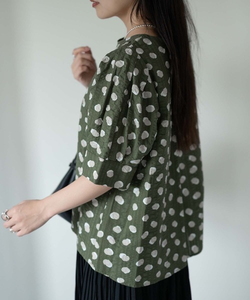 24ss＊プランテーション 綿100% リップル加工 ブラウス M ドット柄 ＆HALF ブラウス シャツ 半袖 ドット柄リップルブラウス（綿100