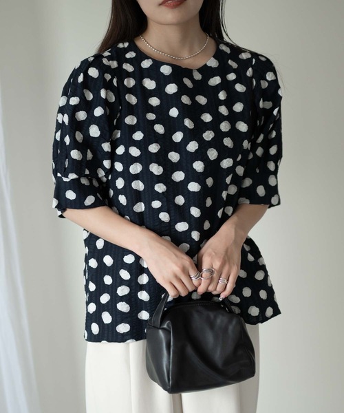 24ss＊プランテーション 綿100% リップル加工 ブラウス M ドット柄 ＆HALF ブラウス シャツ 半袖 ドット柄リップルブラウス（綿100