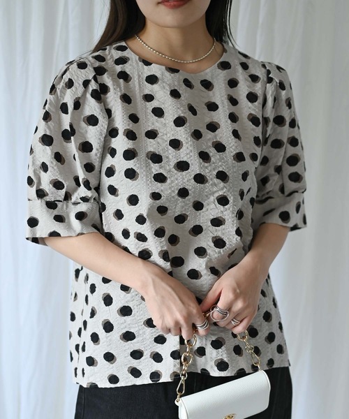 24ss＊プランテーション 綿100% リップル加工 ブラウス M ドット柄 ＆HALF ブラウス シャツ 半袖 ドット柄リップルブラウス（綿100