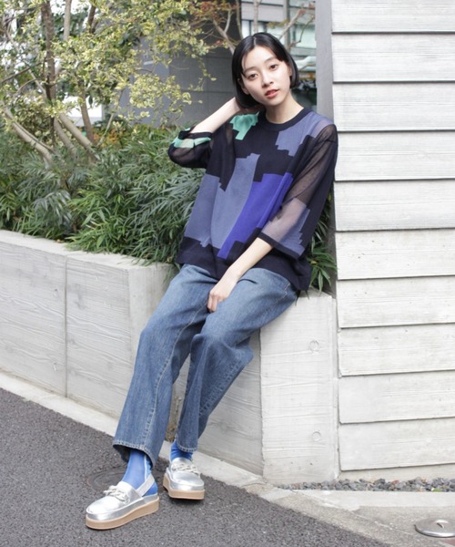 「H.A.K」 7分袖ニット FREE ブラック レディース_画像9