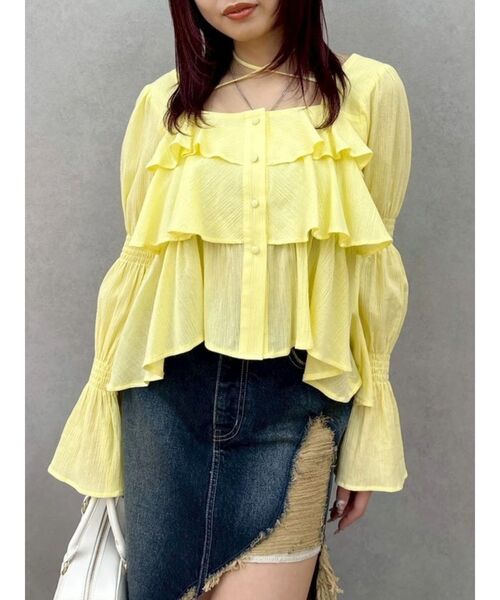 【美品】エムズグレシー　花柄フリルブラウス チュニック イエロー系 38 EVRIS（エヴリス） ブラウス シャツ フリルボリュームチュニック 春服