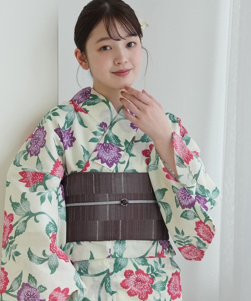 utatane 浴衣 浴衣3点セット 綿絽 きなりに赤と紫の更紗紅型寄せ