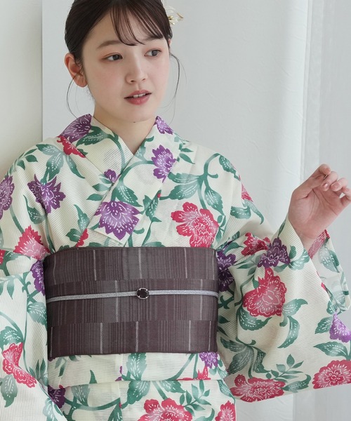 utatane 浴衣 浴衣3点セット 綿絽 きなりに赤と紫の更紗紅型寄せ