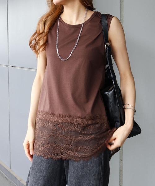 SpRay（スプレイ） tシャツ すそレースノースリーブ Tシャツ