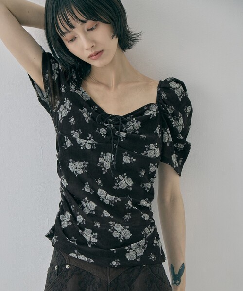 tシャツ 「FETICO/フェティコ」「STUDIOUS別注」VELOUR ROSE TEE/ベロアローズT レディースの画像