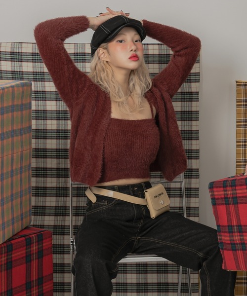 FOLLOWIN カーディガン アンゴラフェイクファーキャミソール  