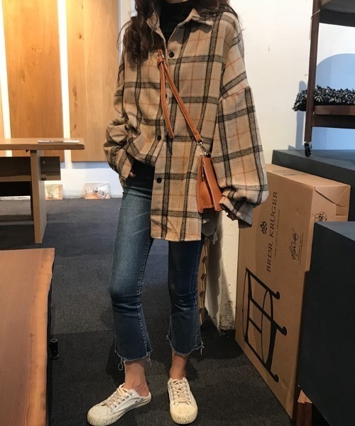 COCOMOMO ブラウス シャツ チェック柄オーバーサイズネルシャツ