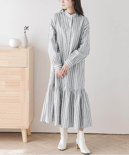 Tie.Me ストライプワンピース La-gemme シャツワンピース 裾ティアードストライプシャツ